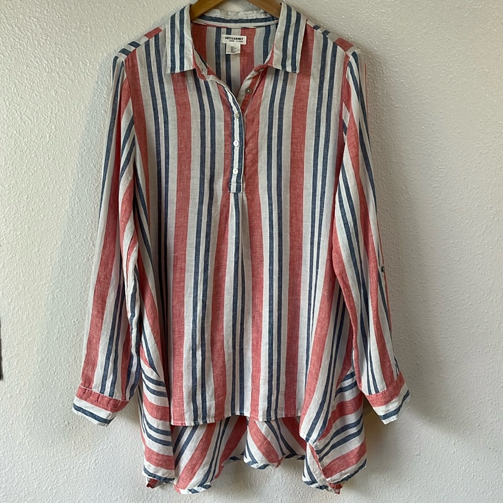 100% Linen Red White & Blue Striped Loose Long Sleeve Shirt 4th of July Patriot